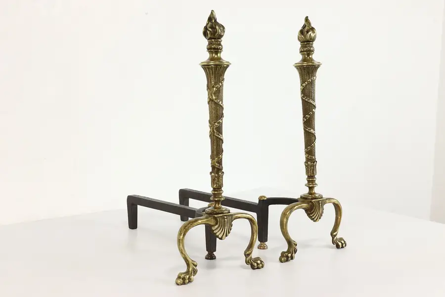 Photo of Pair of Neoclassic Antique Brass & Iron Torch Shape Fireplace Andirons