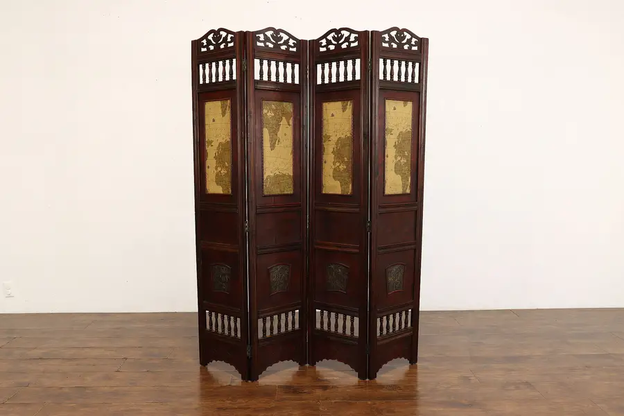 Photo of Asian Vintage Carved Fruitwood & Leather Map & Palm 4 Panel Screen