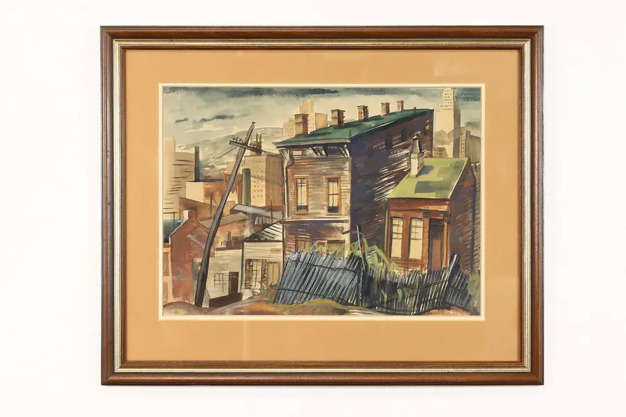 Photo of Bustling City Neighborhood Vintage Watercolor Painting, Signed 27.5"