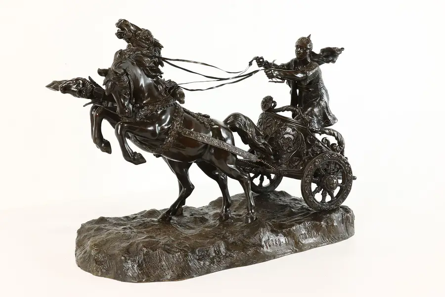 Photo of Bronze Roman Soldier & Horse Chariot Sculpture Antique Victory Statue
