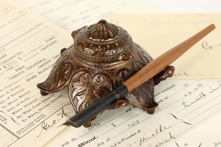 Photo of Victorian Antique Embossed Cast Iron & Glass Inkwell & Pen Holder
