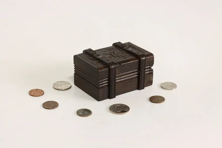 Photo of Swiss Black Forest Vintage Miniature Puzzle Box. Hand Carved Flowers