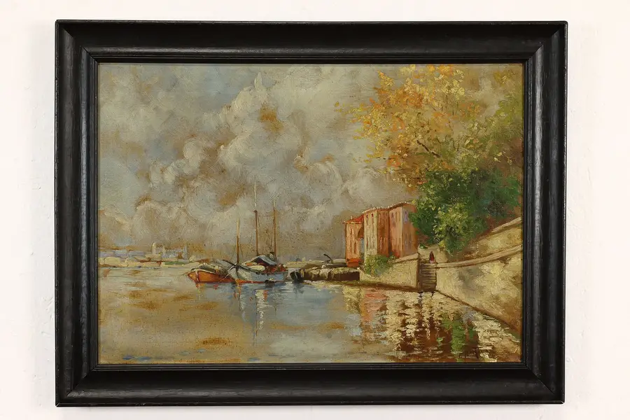 Photo of Boats on Canal Antique Original Oil Painting, Hartlein 28.5"