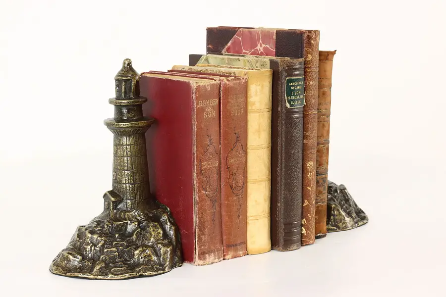 Photo of Pair of Antique Patinated Bronze Lighthouse Bookends