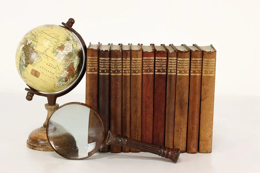 Photo of Set of Eleven Leatherbound & Gold Tooled Danish Poetry Books