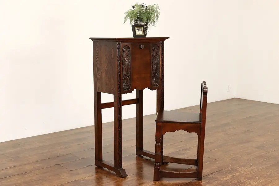 Photo of Craftsman Carved Oak Antique Telephone Stand & Chair Set, Lifetime