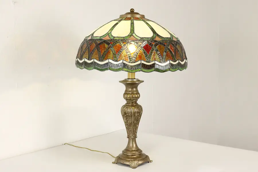 Photo of Leaded Stained Glass Shade Vintage Office or Library Desk Lamp