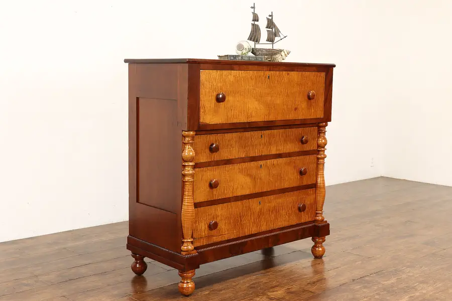 Photo of Empire 1840s Antique Cherry & Curly Maple Dresser or Chest