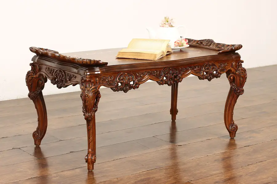 Photo of French Design Vintage Carved Walnut & Marquetry Coffee or Cocktail Table