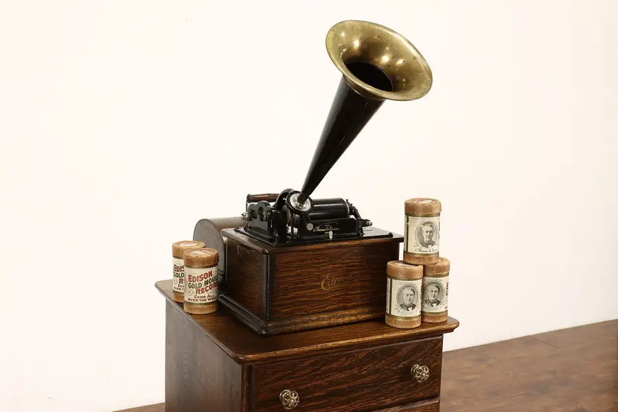 Photo of Edison Antique Oak Standard Gem Phonograph, Brass Horn, Cylinder Records