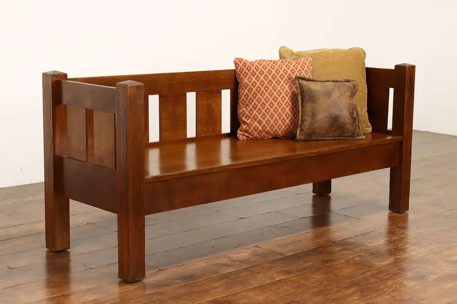 Photo of Arts & Crafts Mission Oak Antique Craftsman Settee, Hall or Porch Bench