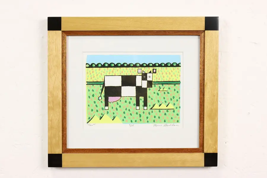 Photo of Whimsical Cow Portrait Vintage Original Serigraph, Bruce Bodden 14.5"