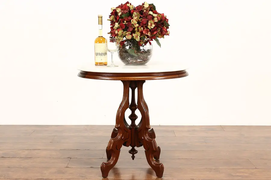 Photo of Victorian Antique Marble Top Carved Walnut Parlor or Lamp Table