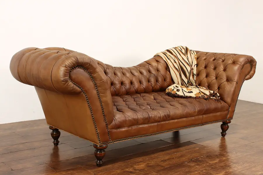 Photo of Chesterfield Tufted Leather Vintage Traditional Sofa, Birch Legs