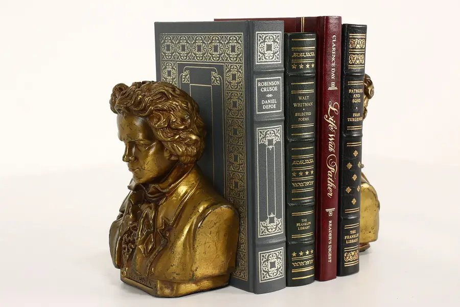 Photo of Pair of Vintage Bronze Beethoven Bust Musical Sculpture Bookends