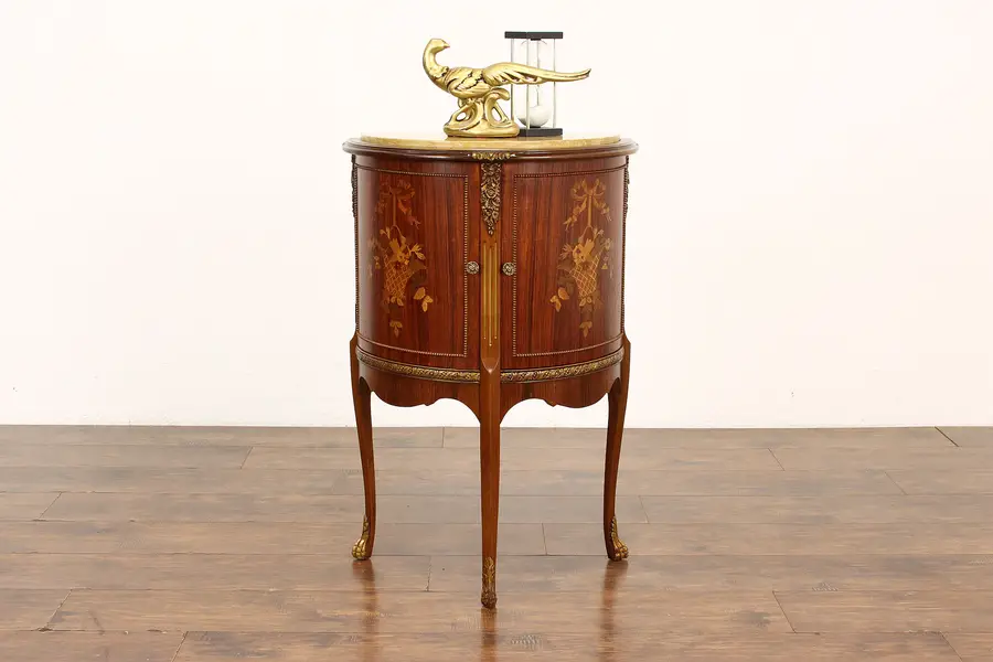 Photo of French Vintage Marquetry Demilune Nightstand or End Table, Marble Top