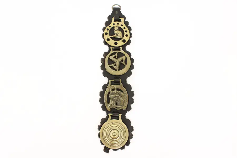 Photo of British Set of 4 Antique Horse Harness Brasses, Leather Strap