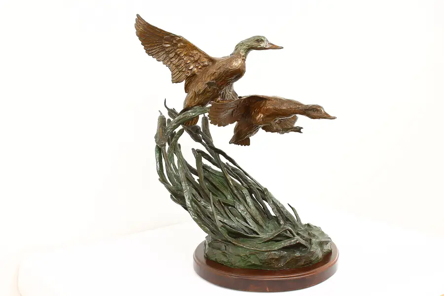 Photo of Mallard Ducks in Flight Vintage Bronze Sculpture, Walnut Base, K R Bird