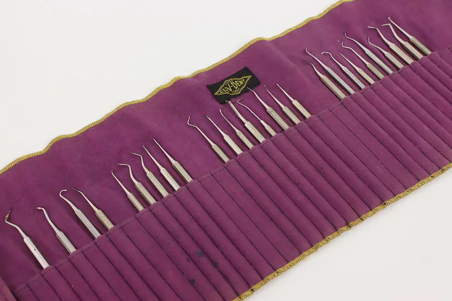 Photo of Set of 27 Traveling Dentist Vintage Dental Tools, Purple Bag, ClevDent