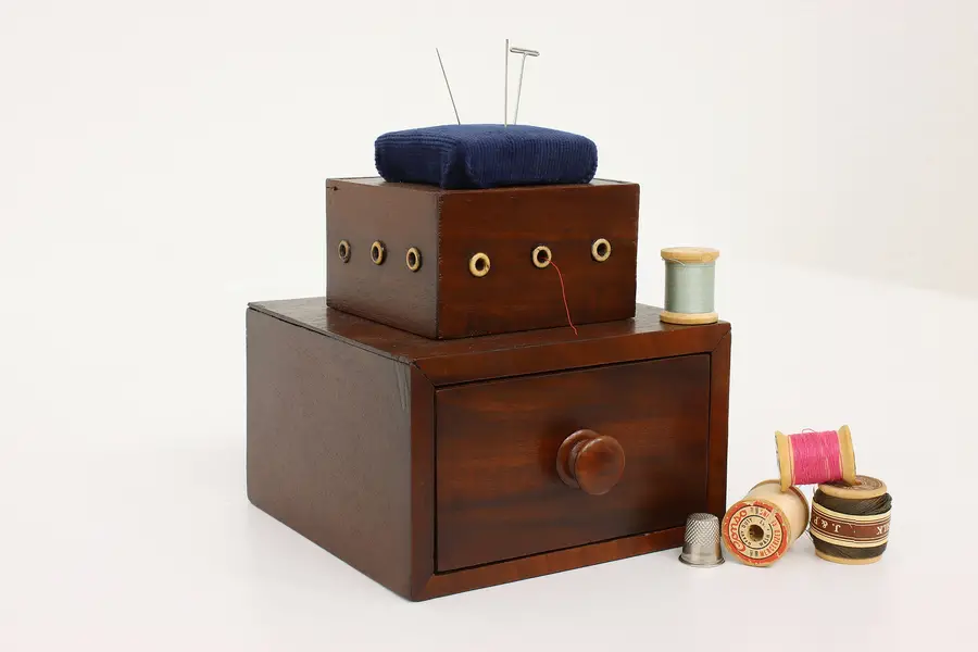 Photo of Victorian Antique Mahogany Sewing Caddy, Jewelry Drawer & Pin Cushion