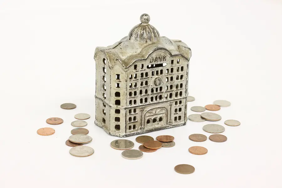 Photo of Victorian Cast Iron Bank Building Antique Coin Bank