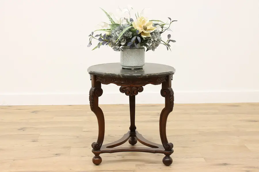 Photo of Traditional Antique Carved Walnut Lamp, Center or Hall Table, Marble Top
