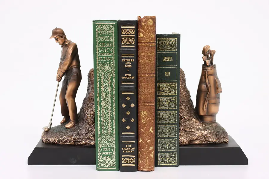Photo of Pair of Coppery Bronze Finish Vintage Golfer & Bag Bookends