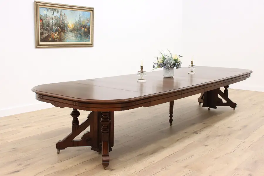 Photo of Victorian Eastlake Antique 54" Walnut Dining Table, 9 Leaves Extends 14'