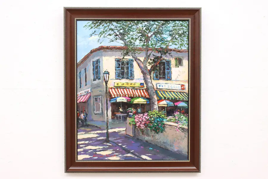 Photo of Restaurant & Town Square Scene Vintage Original Oil Painting Rengifo 35"