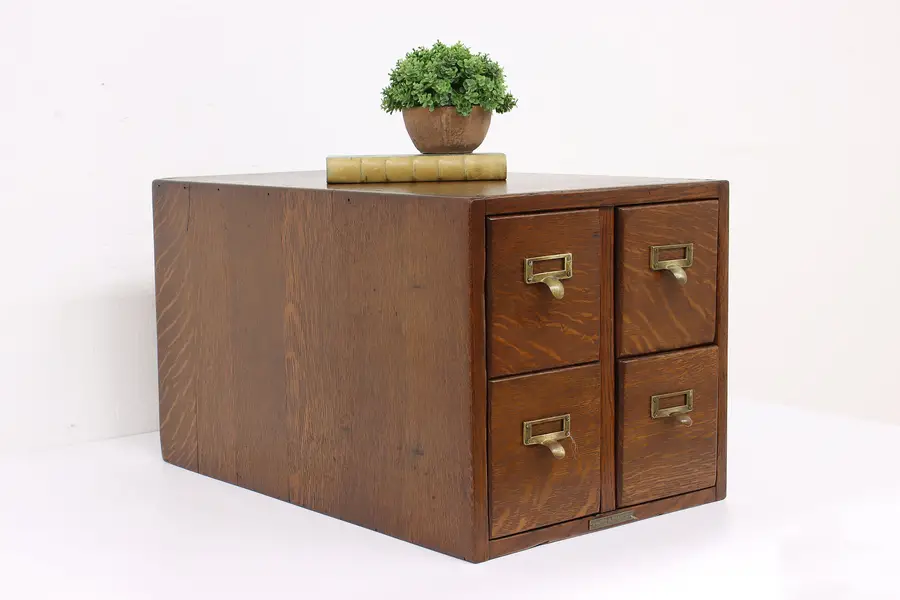 Photo of Desktop Antique Oak 4 Drawer Card File Cabinet, Clarke & Baker