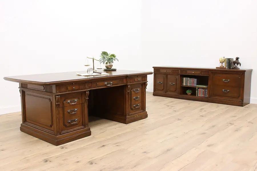 Photo of Oak Vintage Office or Library Executive Desk & Credenza Set, Romweber