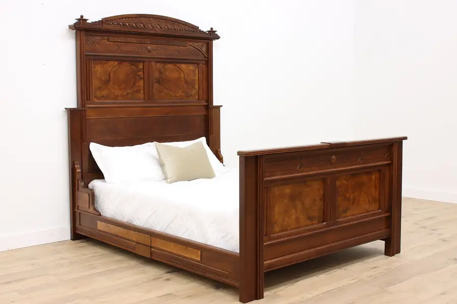 Photo of Victorian Eastlake Antique Carved Walnut & Burl Queen Size Bed
