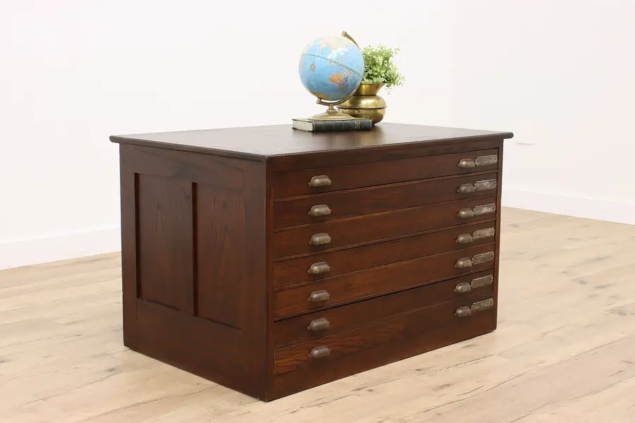 Photo of Arts & Crafts Antique Oak 7 Drawer Map Chest or Collector File Cabinet