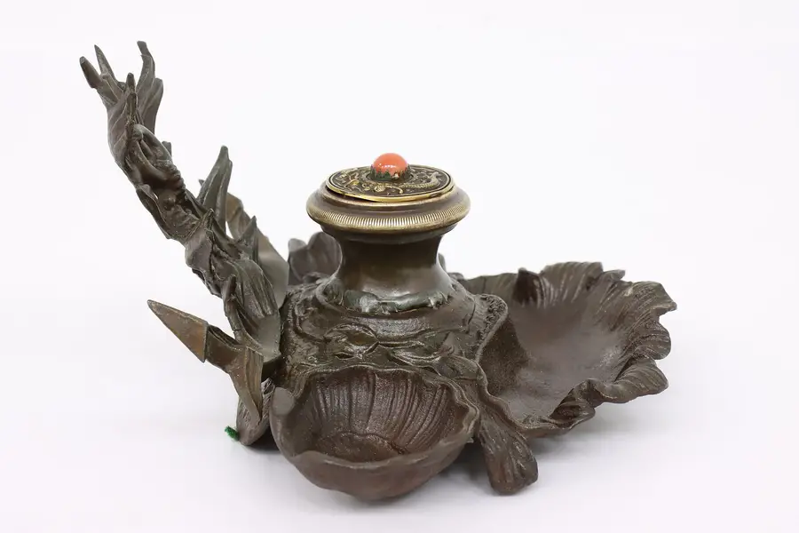 Photo of Victorian Antique Nautical Anchor & Shell Iron Inkwell, Coral Lid