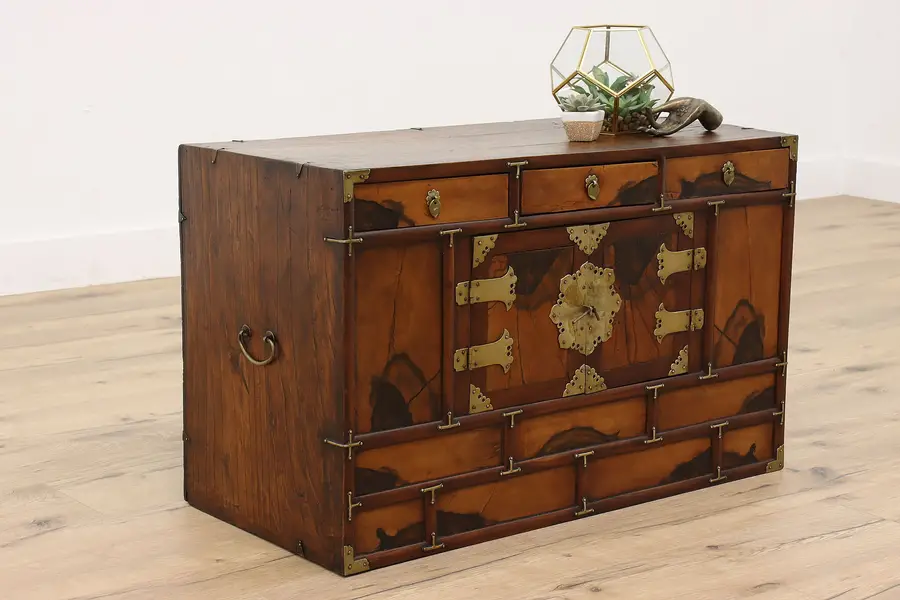 Photo of Korean Antique Silver Linen or Jewelry Dowry Chest, Brass Mounts