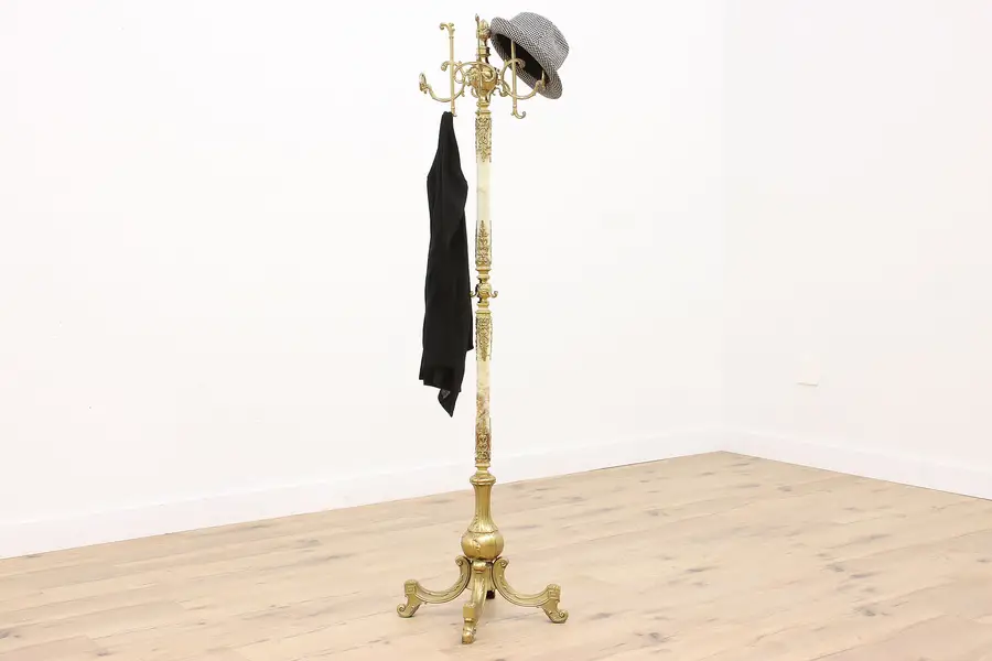 Photo of Antique Victorian Onyx & Brass Hat & Coat Rack, Hall Tree Stand