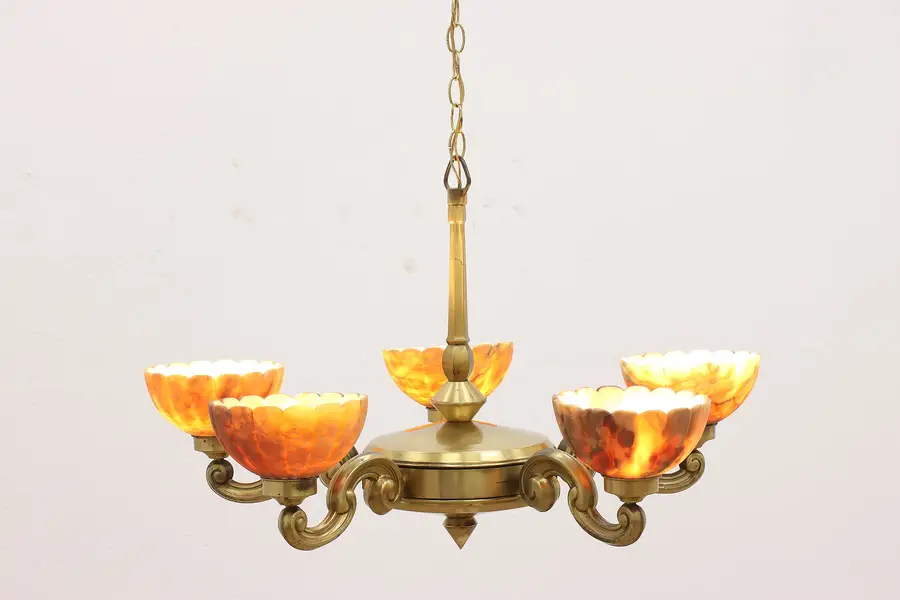 Photo of French Art Deco Antique 5 Light Brass Chandelier, Carved Alabaster Shades