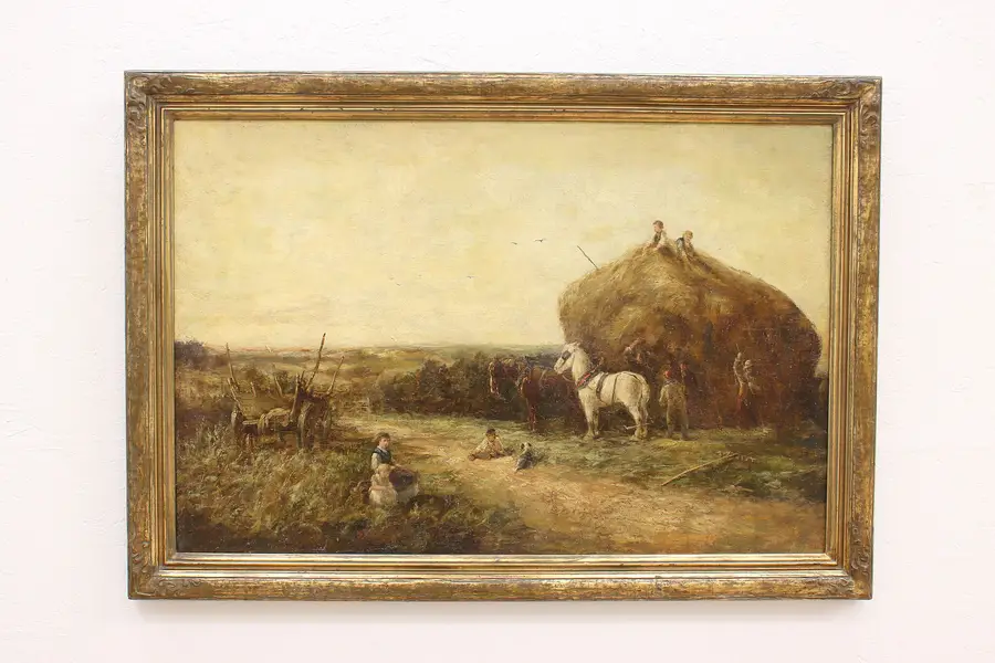 Photo of Twilight Harvest Children & Haystack Antique Original Oil Painting 44.5"