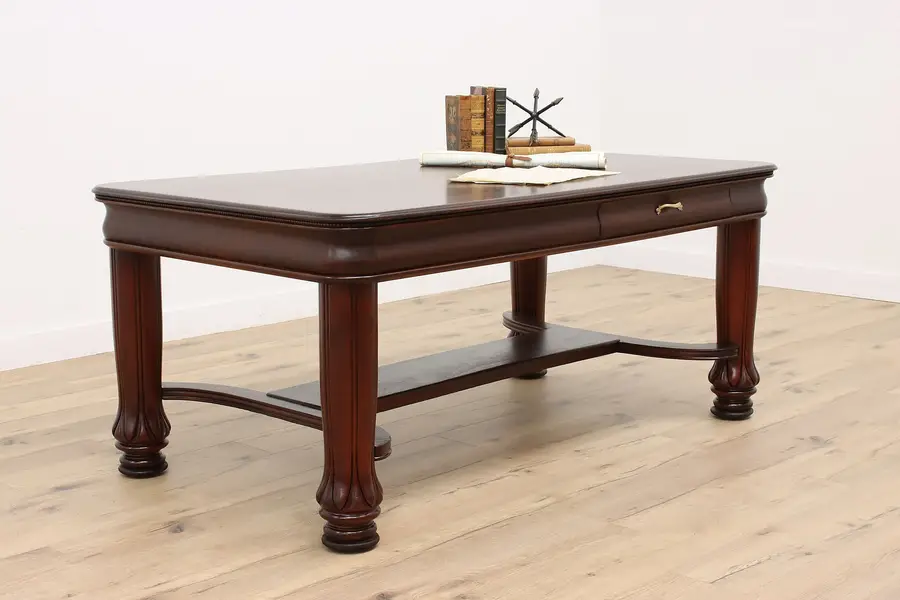 Photo of Art Nouveau Antique Carved Mahogany Library Table or Office Partner Desk