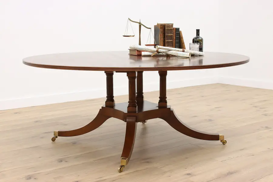 Photo of Traditional Vintage Round 6' Yew Wood Dining or Conference Table