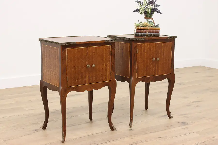 Photo of Pair of Antique French Marquetry Nightstands, End or Lamp Tables