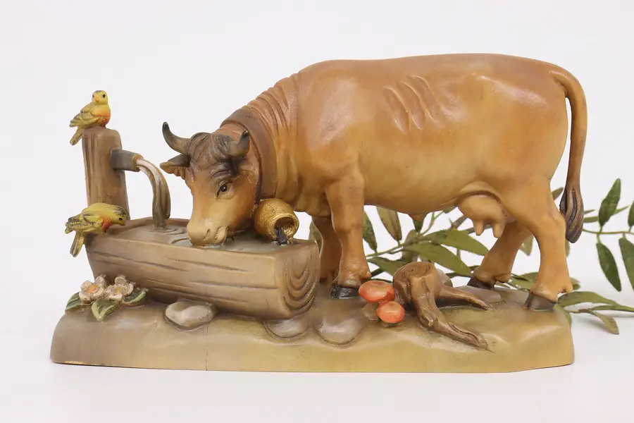 Photo of Hand Carved Vintage Painted Dairy Cow Drinking Alpine Sculpture