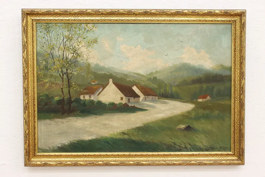 Photo of Mountain Valley with Abbey Vintage Original Oil Painting 34"