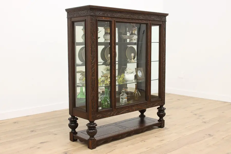 Photo of Tudor Antique Carved Oak China or Display Cabinet, Wavy Glass