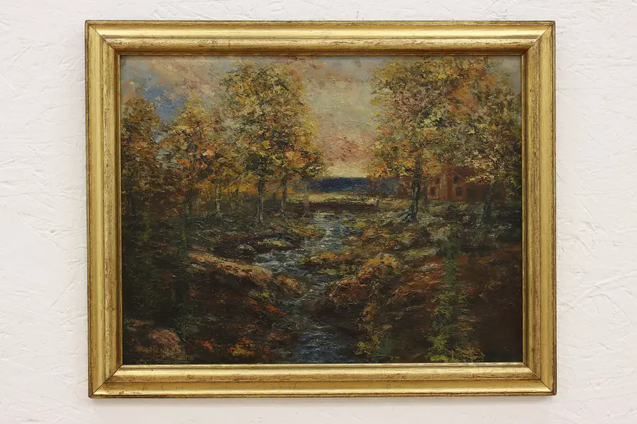 Photo of Lakeside Cabin in The Woods Antique Original Oil Painting, Richards 21"