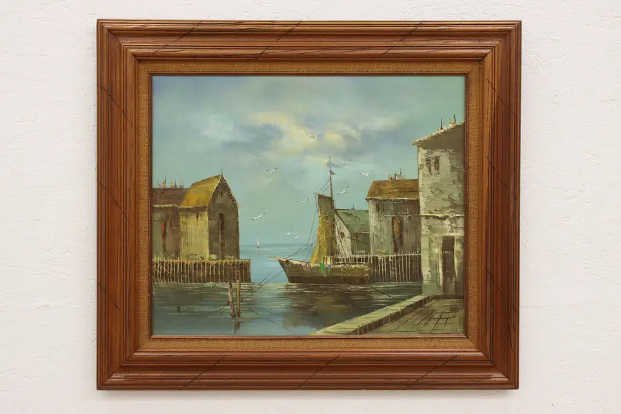 Photo of Ocean Harbor with Sailboat Vintage Original Oil Painting, Kay 32.5"