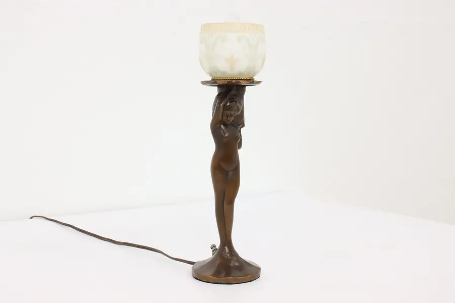 Photo of Art Nouveau Vintage Nude Woman Statue Lamp, Etched Art Glass Shade