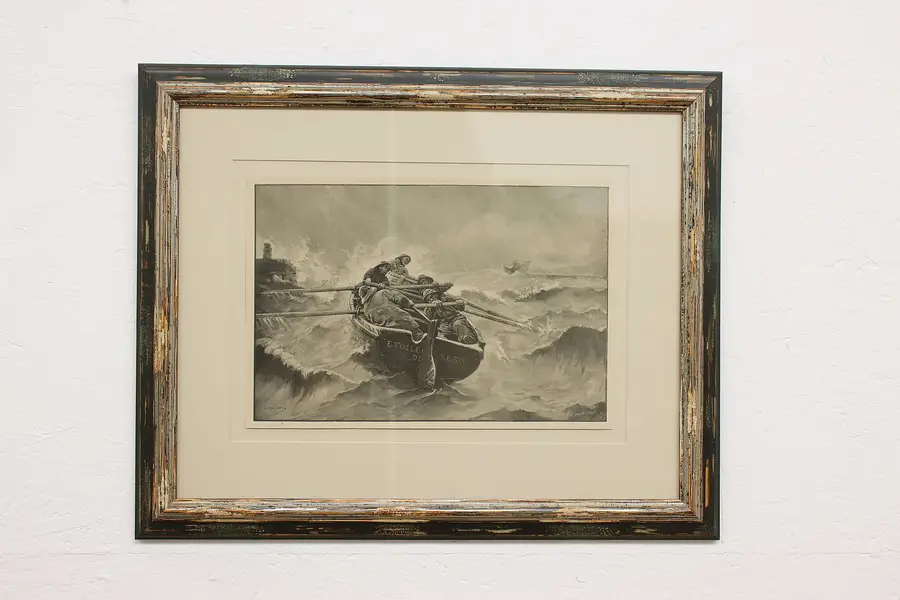 Photo of Fisherman Battling Sea Antique Original Victorian Engraving, Signed 31"