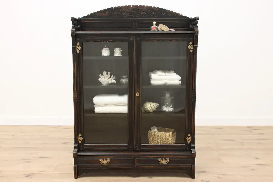 Photo of Victorian Eastlake Antique Carved Walnut Office Library Bookcase