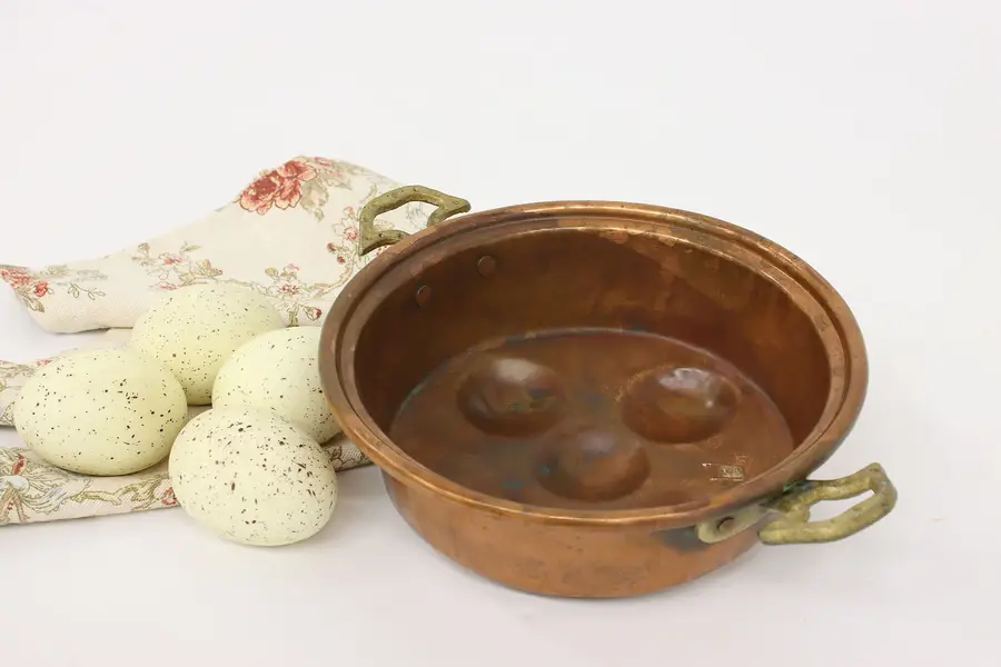 Photo of Farmhouse Antique Copper Dish or Muffin Mold, Brass Handles